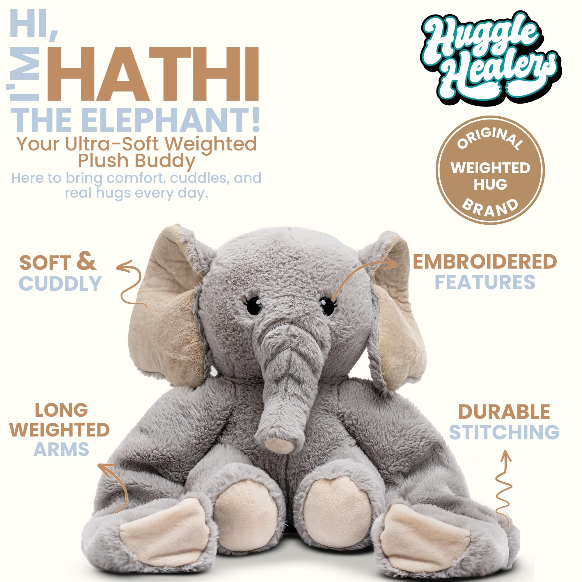Huggle Healers Hathi Elephant Plush – 36-Inch Arm Hug, 4.5 lb Weighted Elephant Stuffed Animal