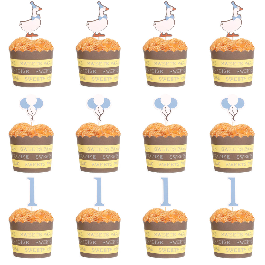 HUHJRUAR 12pcs One Silly Goose First Birthday Cupcake Toppers – Blue