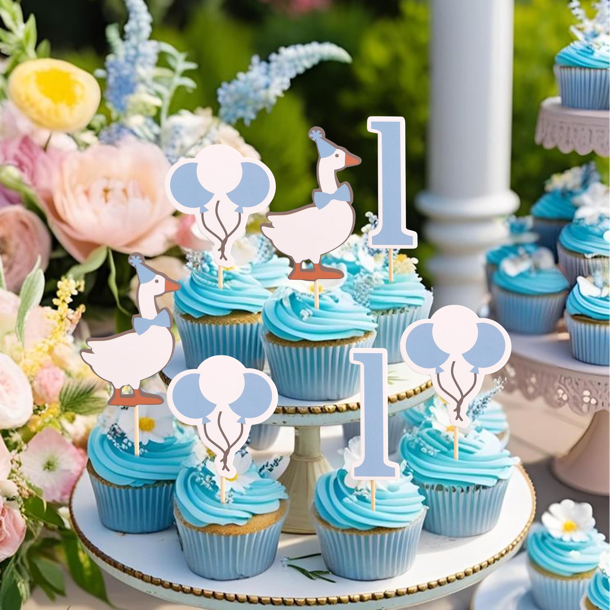 HUHJRUAR 12pcs One Silly Goose First Birthday Cupcake Toppers – Blue