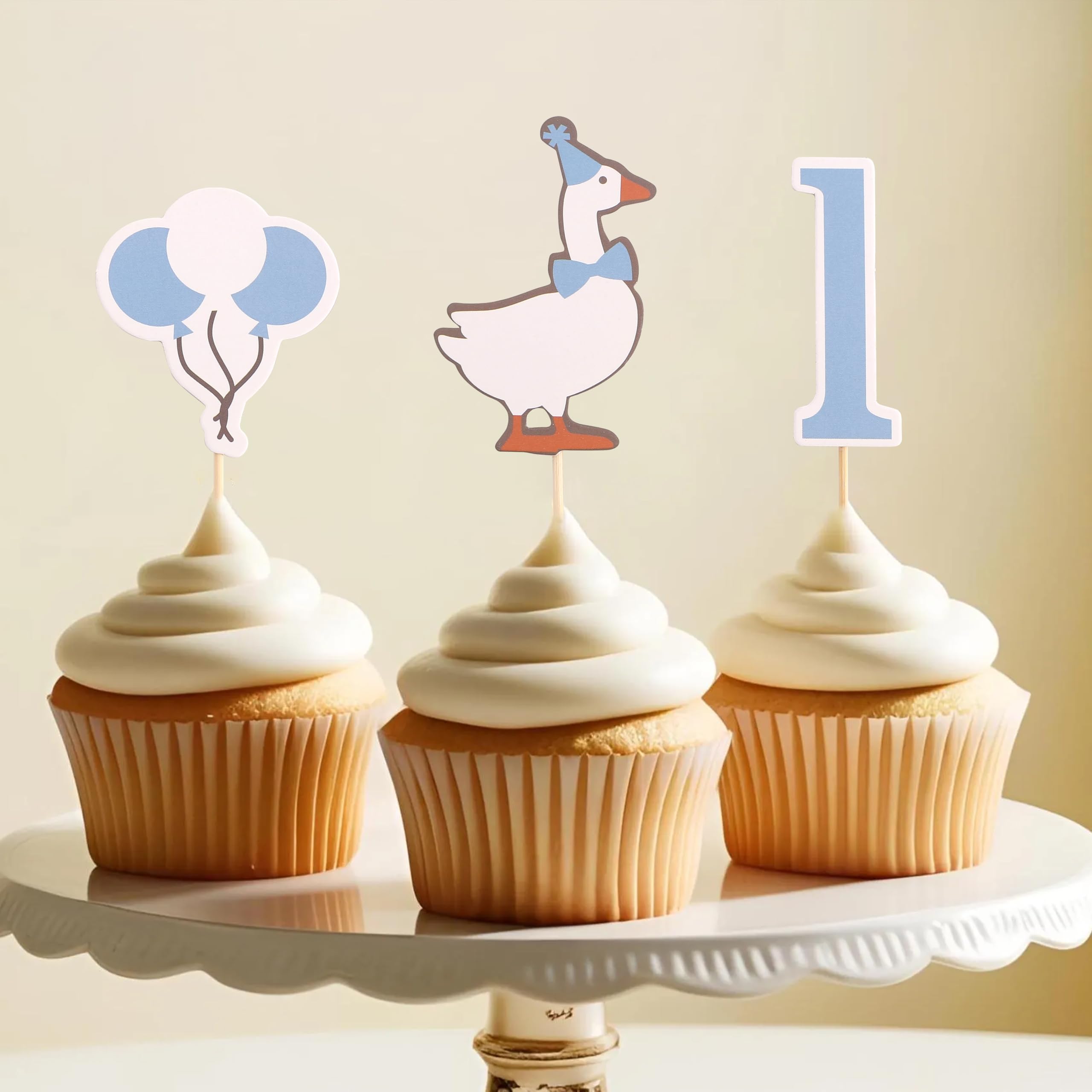 HUHJRUAR 12pcs One Silly Goose First Birthday Cupcake Toppers – Blue