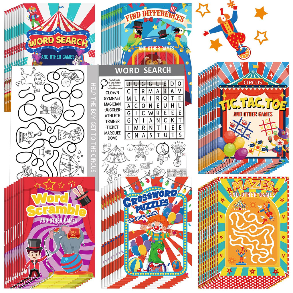 Hungdao 48 Pcs Circus Carnival Mini Activity Books | Kids Party Favors, Mazes, Word Search & More