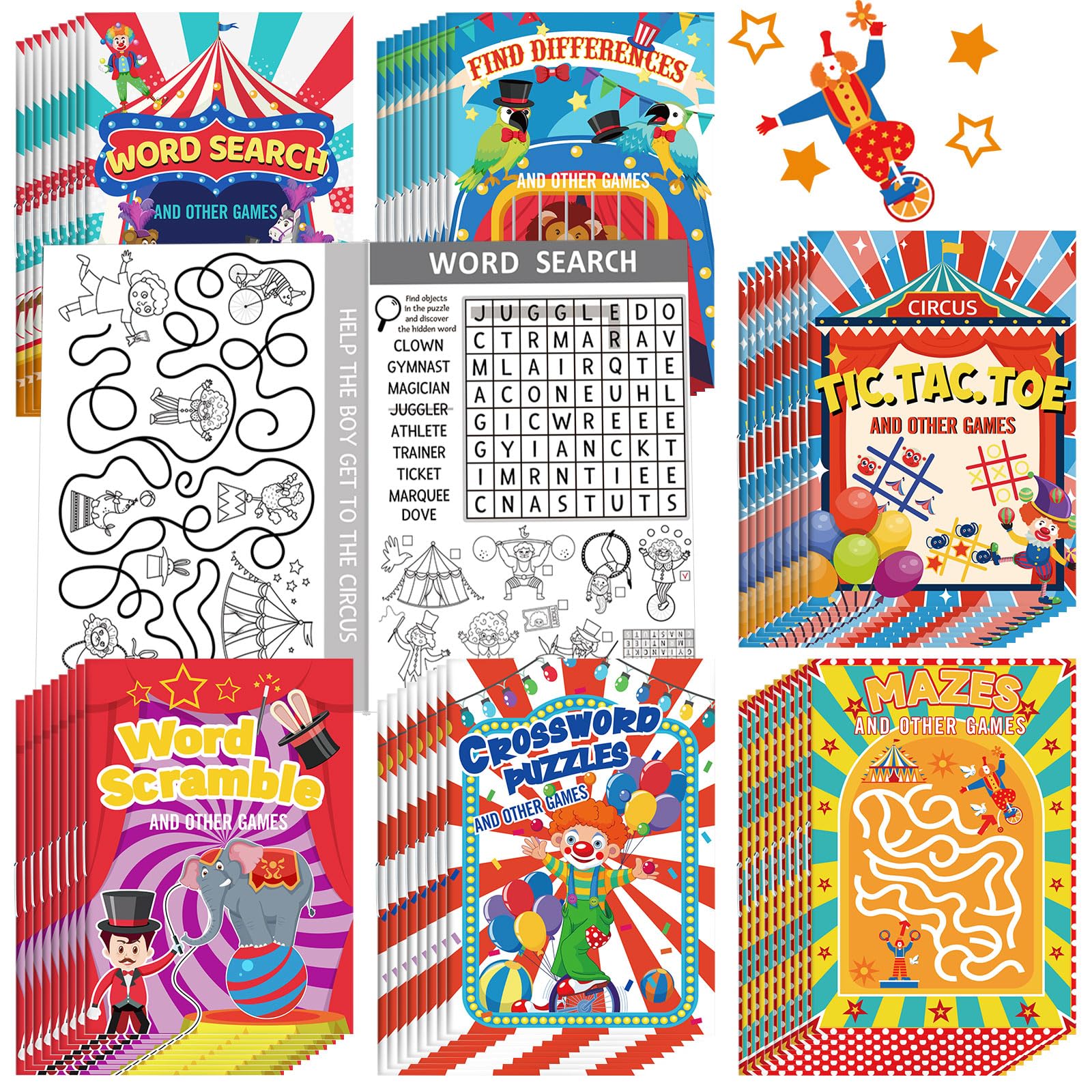 Hungdao 48 Pcs Circus Carnival Mini Activity Books | Kids Party Favors, Mazes, Word Search & More