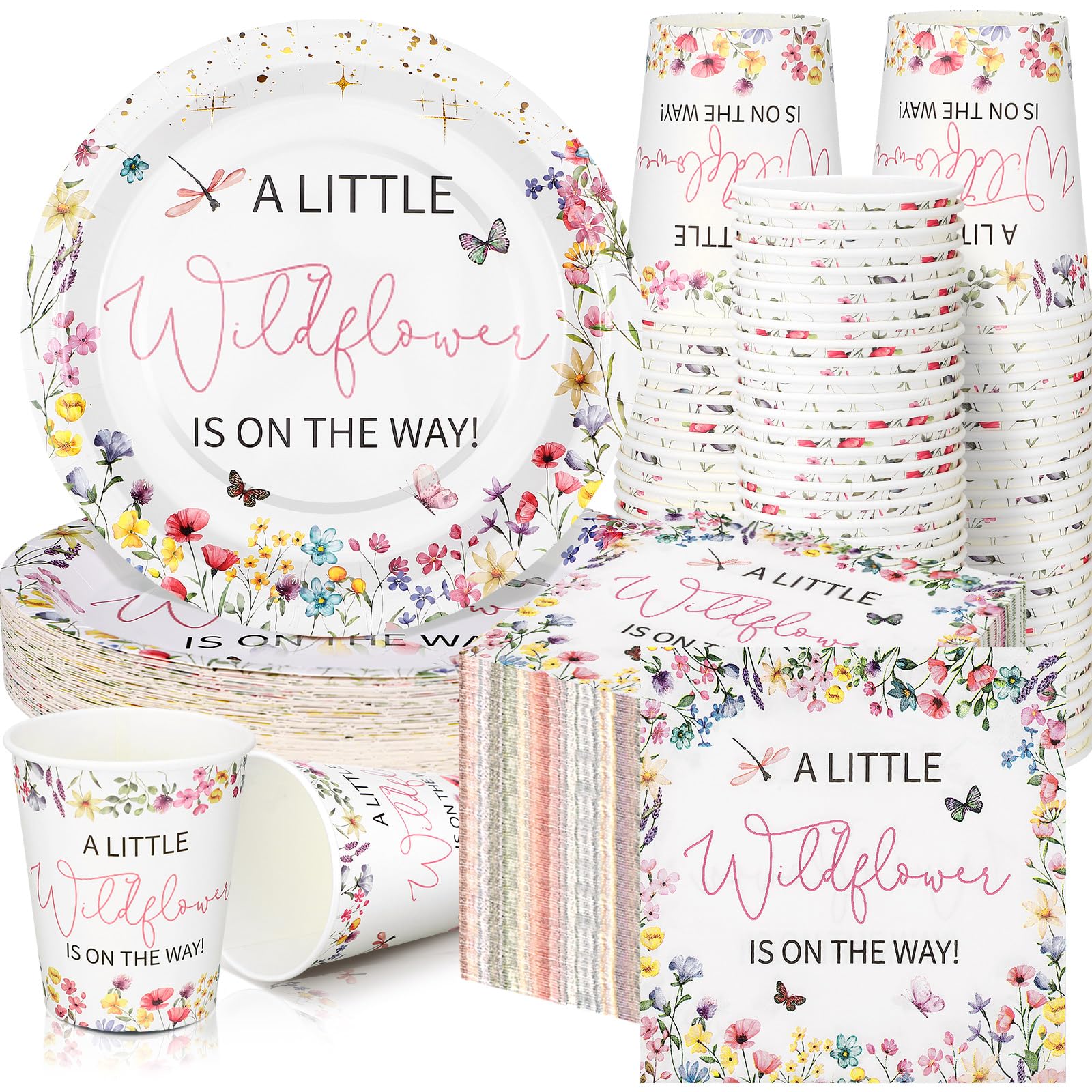 Hushee 200 Pcs Baby in Bloom Wildflower Party Supplies – Plates Cups Napkins for 50 Guests
