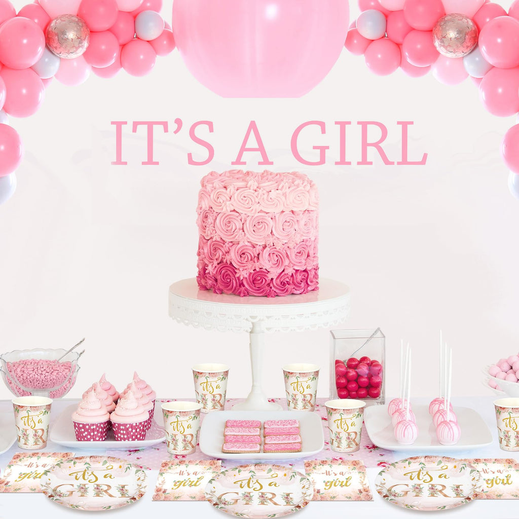 Hushee 200 Pcs Floral Baby Shower Tableware Set – Rose Gold Plates, Cups & Napkins for 50 Guests
