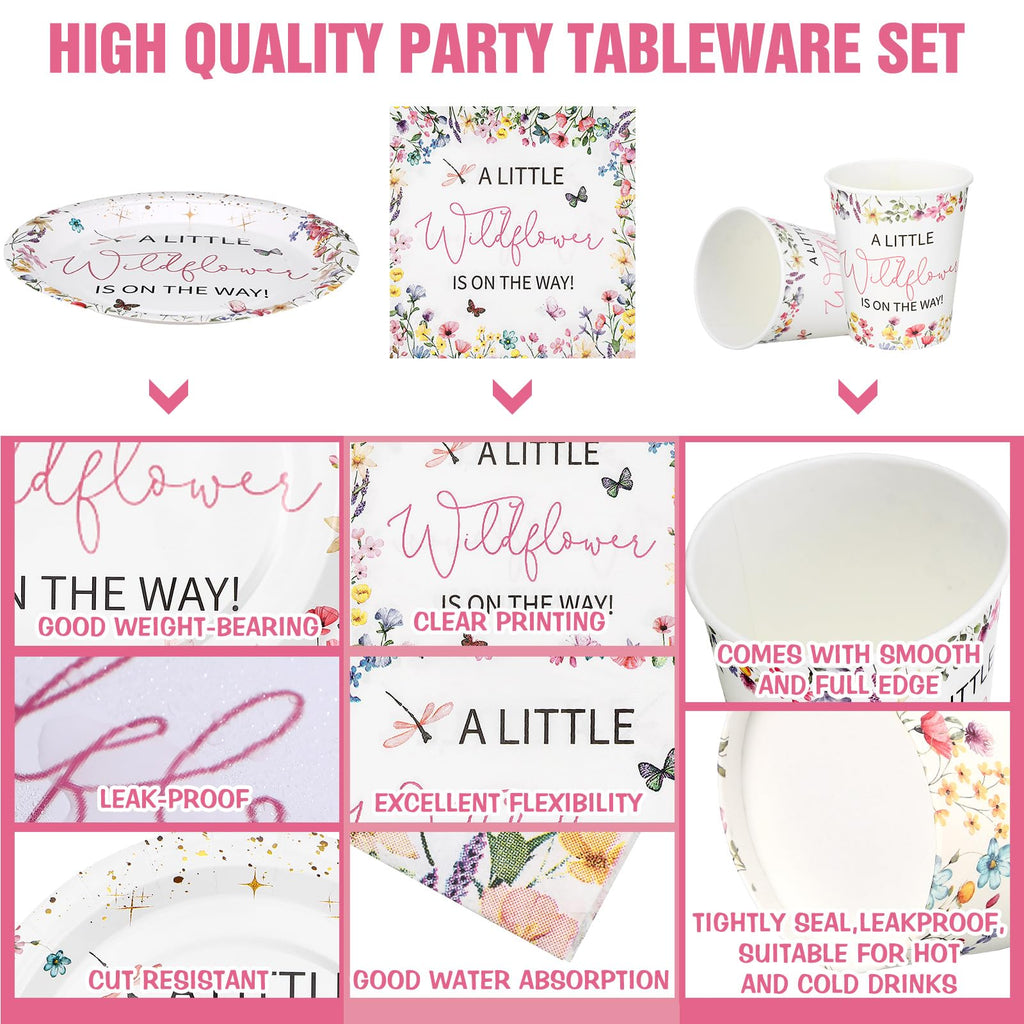 Hushee 200 Pcs Baby in Bloom Wildflower Party Supplies – Plates Cups Napkins for 50 Guests