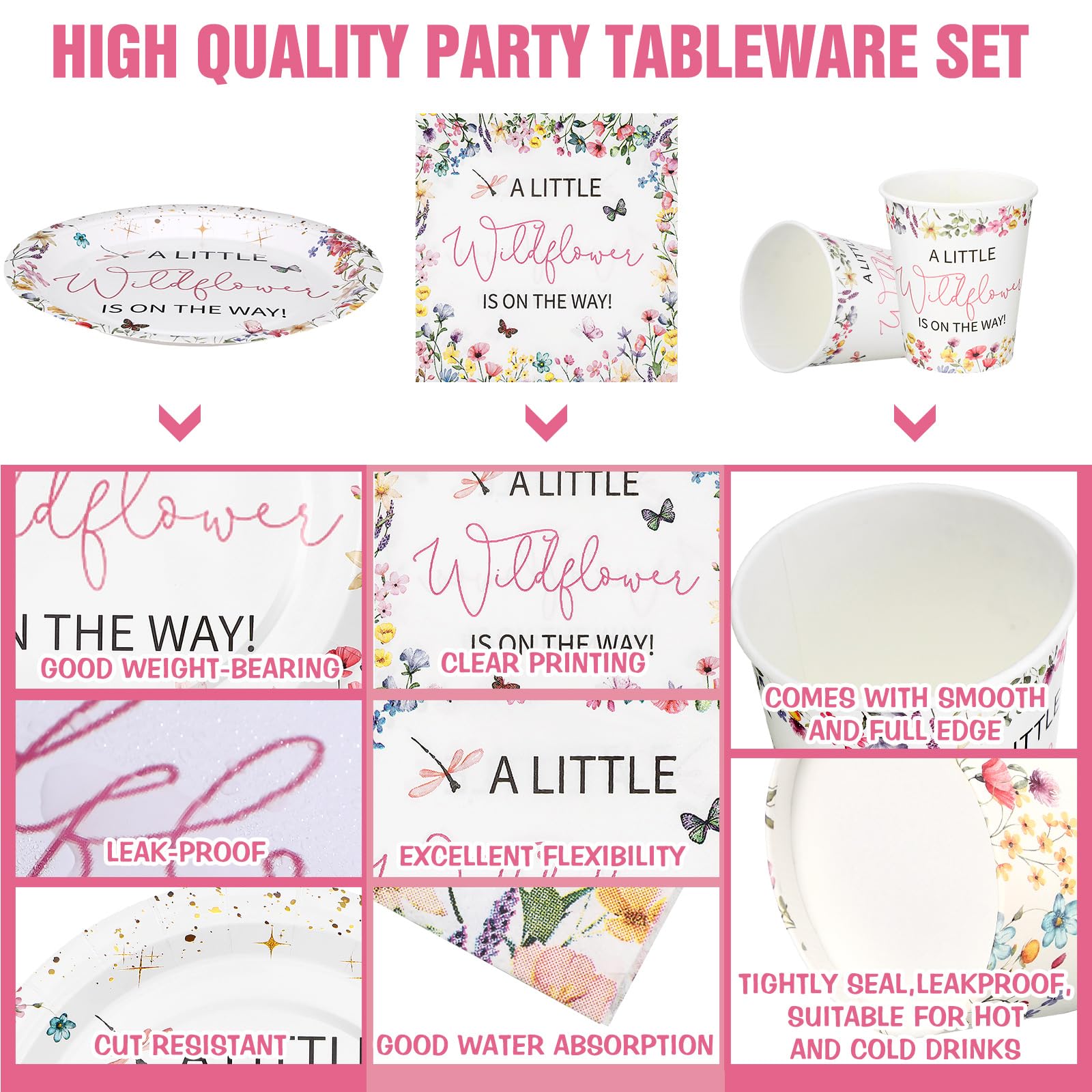 Hushee 200 Pcs Baby in Bloom Wildflower Party Supplies – Plates Cups Napkins for 50 Guests