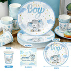 Hushee 200 Pcs Blue Elephant Baby Shower Tableware Set – Plates, Cups & Napkins