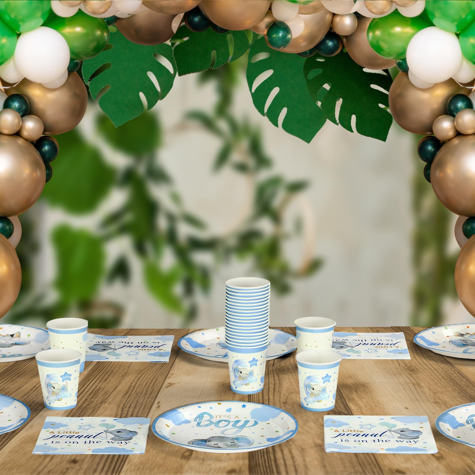Hushee 200 Pcs Blue Elephant Baby Shower Tableware Set – Plates, Cups & Napkins