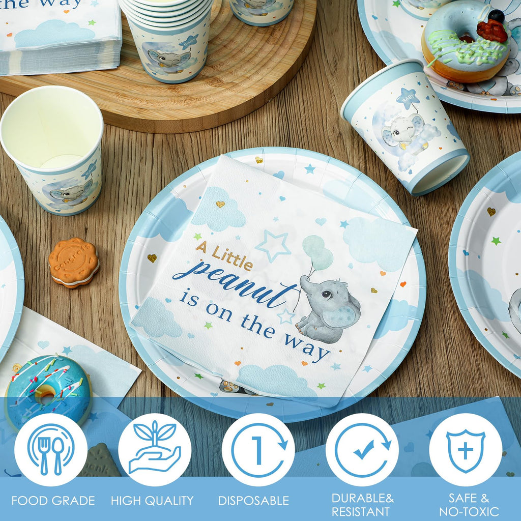 Hushee 200 Pcs Blue Elephant Baby Shower Tableware Set – Plates, Cups & Napkins