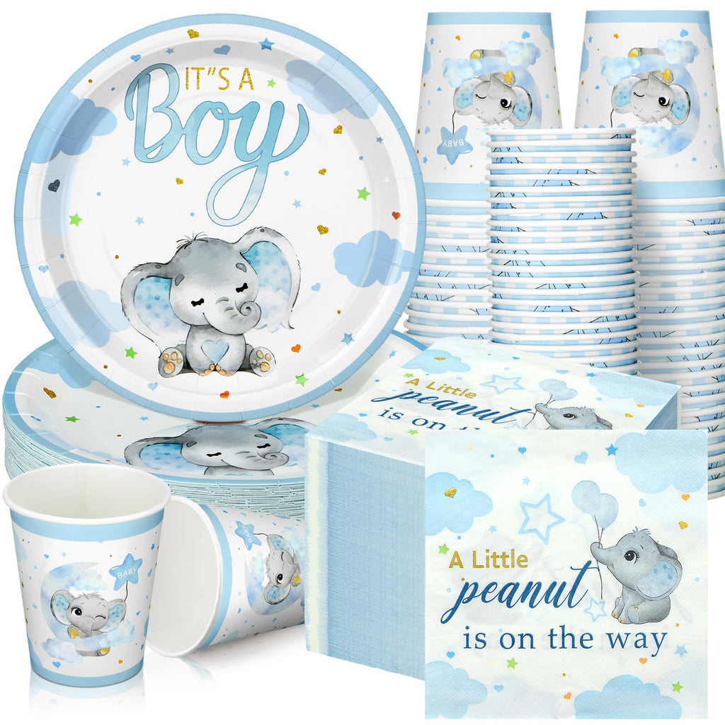 Hushee 200 Pcs Blue Elephant Baby Shower Tableware Set – Plates, Cups & Napkins