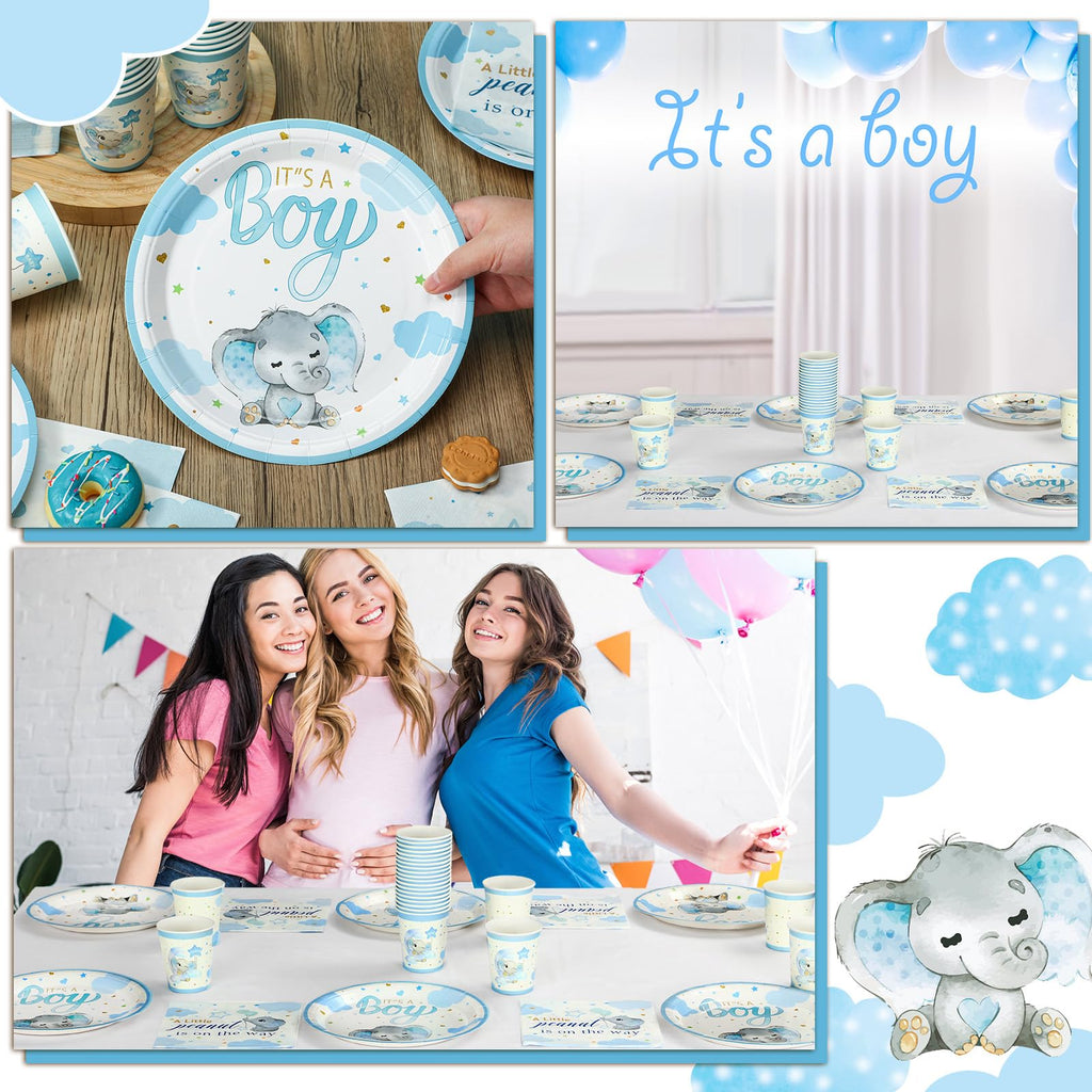Hushee 200 Pcs Blue Elephant Baby Shower Tableware Set – Plates, Cups & Napkins