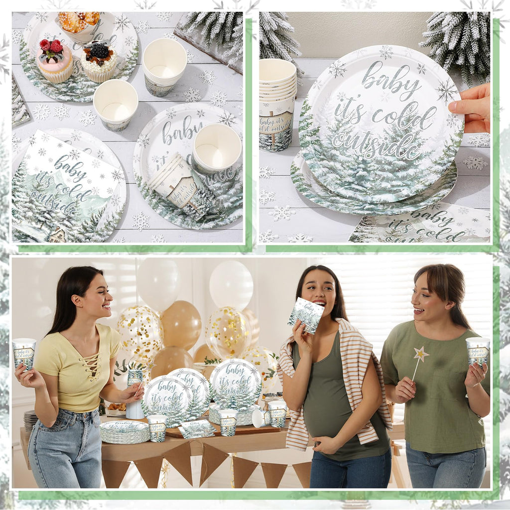 Hushee 200 Pcs Winter Baby Shower Tableware Set - Plates Cups Napkins for 50 Guests