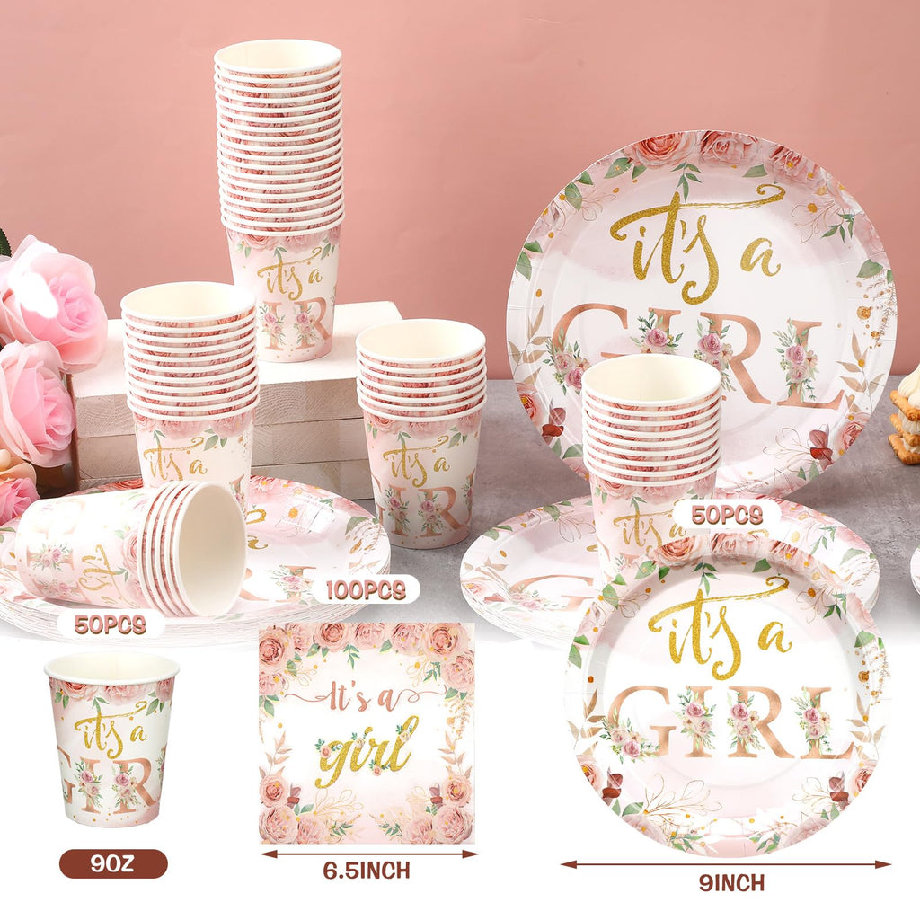 Hushee 200 Pcs Floral Baby Shower Tableware Set – Rose Gold Plates, Cups & Napkins for 50 Guests