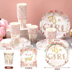 Hushee 200 Pcs Floral Baby Shower Tableware Set – Rose Gold Plates, Cups & Napkins for 50 Guests