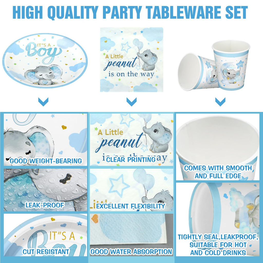 Hushee 200 Pcs Blue Elephant Baby Shower Tableware Set – Plates, Cups & Napkins