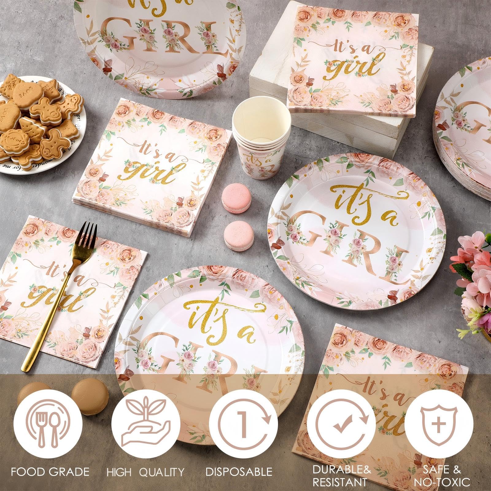 Hushee 200 Pcs Floral Baby Shower Tableware Set – Rose Gold Plates, Cups & Napkins for 50 Guests