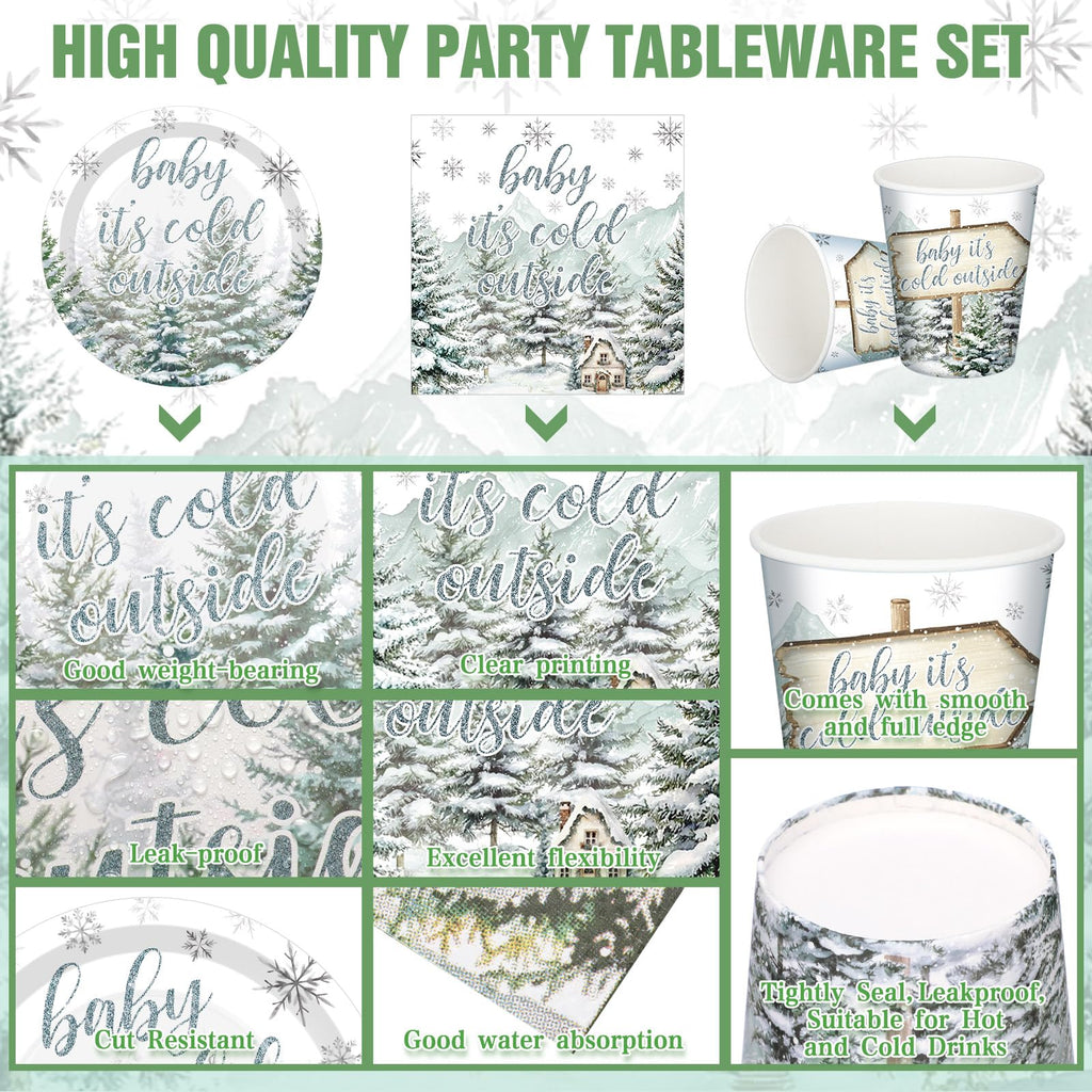 Hushee 200 Pcs Winter Baby Shower Tableware Set - Plates Cups Napkins for 50 Guests