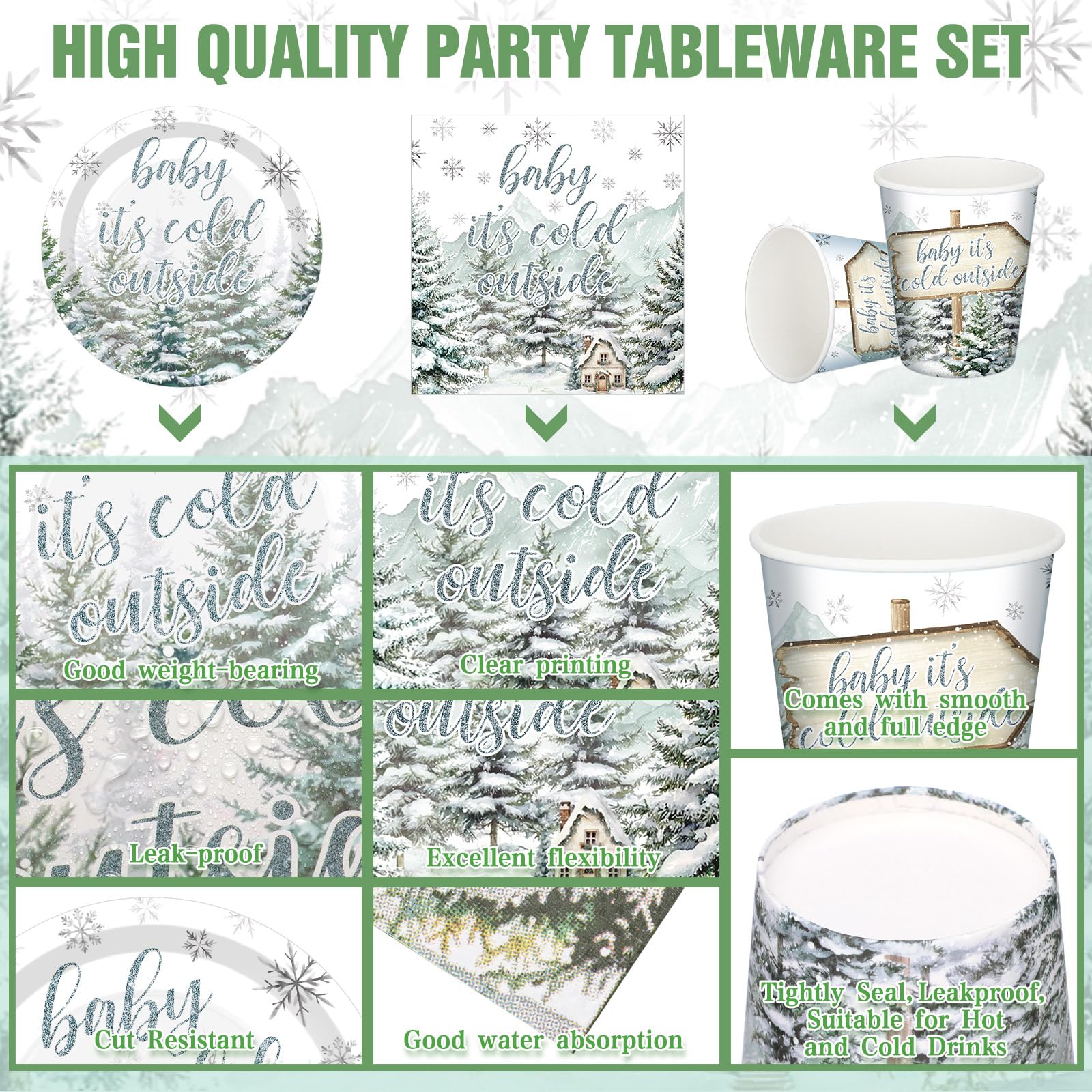 Hushee 200 Pcs Winter Baby Shower Tableware Set - Plates Cups Napkins for 50 Guests