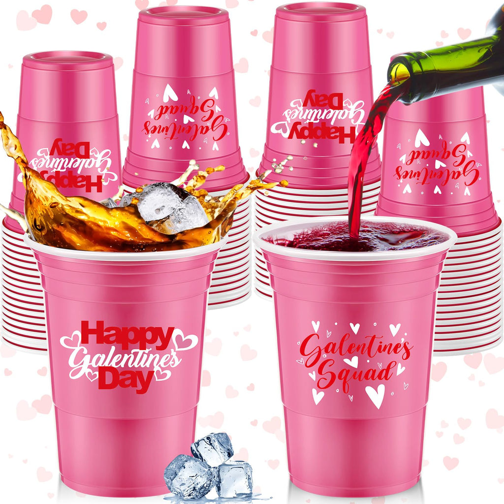 Hushee 48 Pcs 16 oz Galentine's Day Pink Plastic Cups Bulk – Reusable Disposable Party Supplies for Women