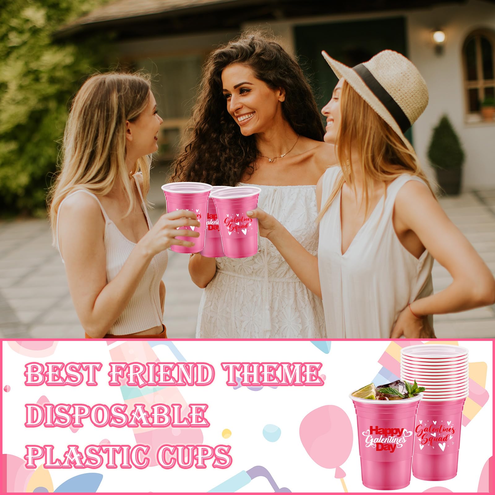 Hushee 48 Pcs 16 oz Galentine's Day Pink Plastic Cups Bulk – Reusable Disposable Party Supplies for Women