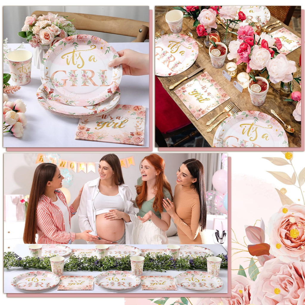 Hushee 200 Pcs Floral Baby Shower Tableware Set – Rose Gold Plates, Cups & Napkins for 50 Guests