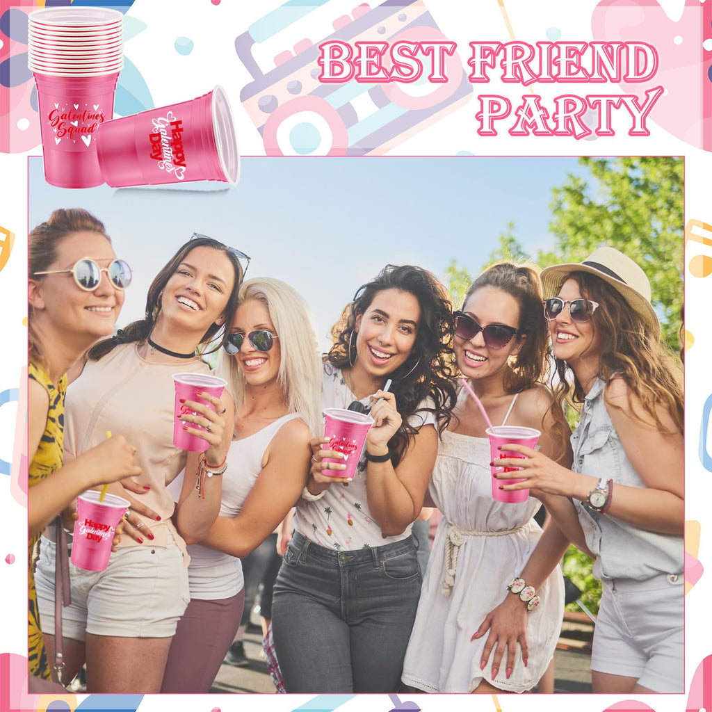 Hushee 48 Pcs 16 oz Galentine's Day Pink Plastic Cups Bulk – Reusable Disposable Party Supplies for Women