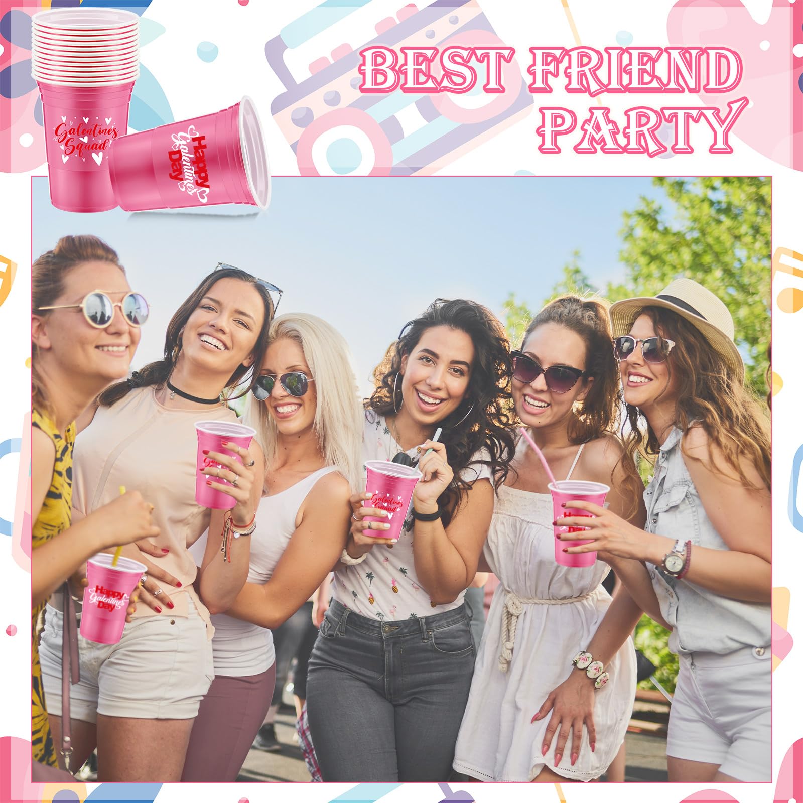 Hushee 48 Pcs 16 oz Galentine's Day Pink Plastic Cups Bulk – Reusable Disposable Party Supplies for Women