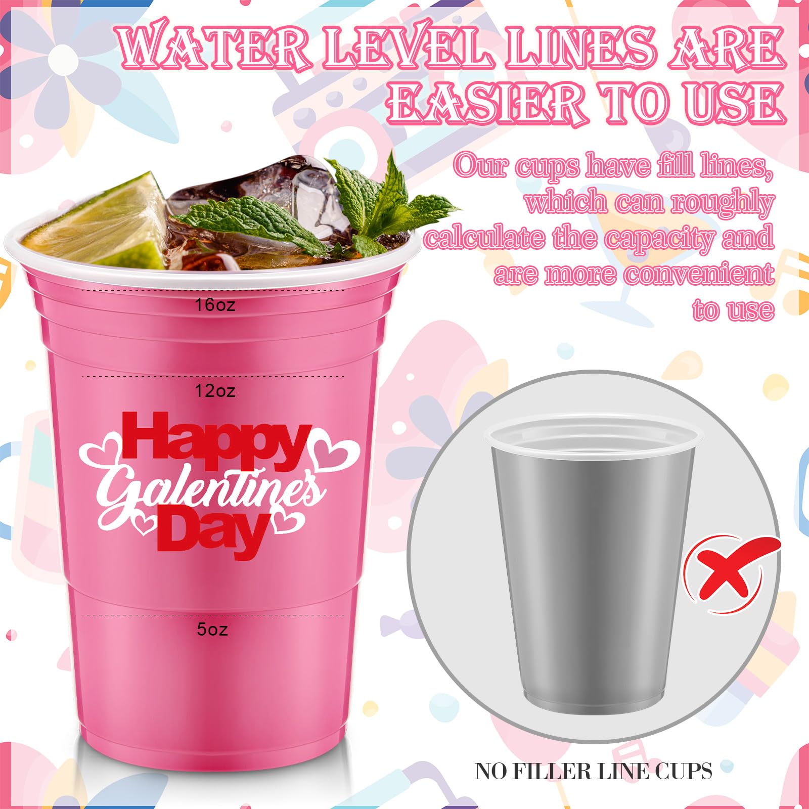 Hushee 48 Pcs 16 oz Galentine's Day Pink Plastic Cups Bulk – Reusable Disposable Party Supplies for Women