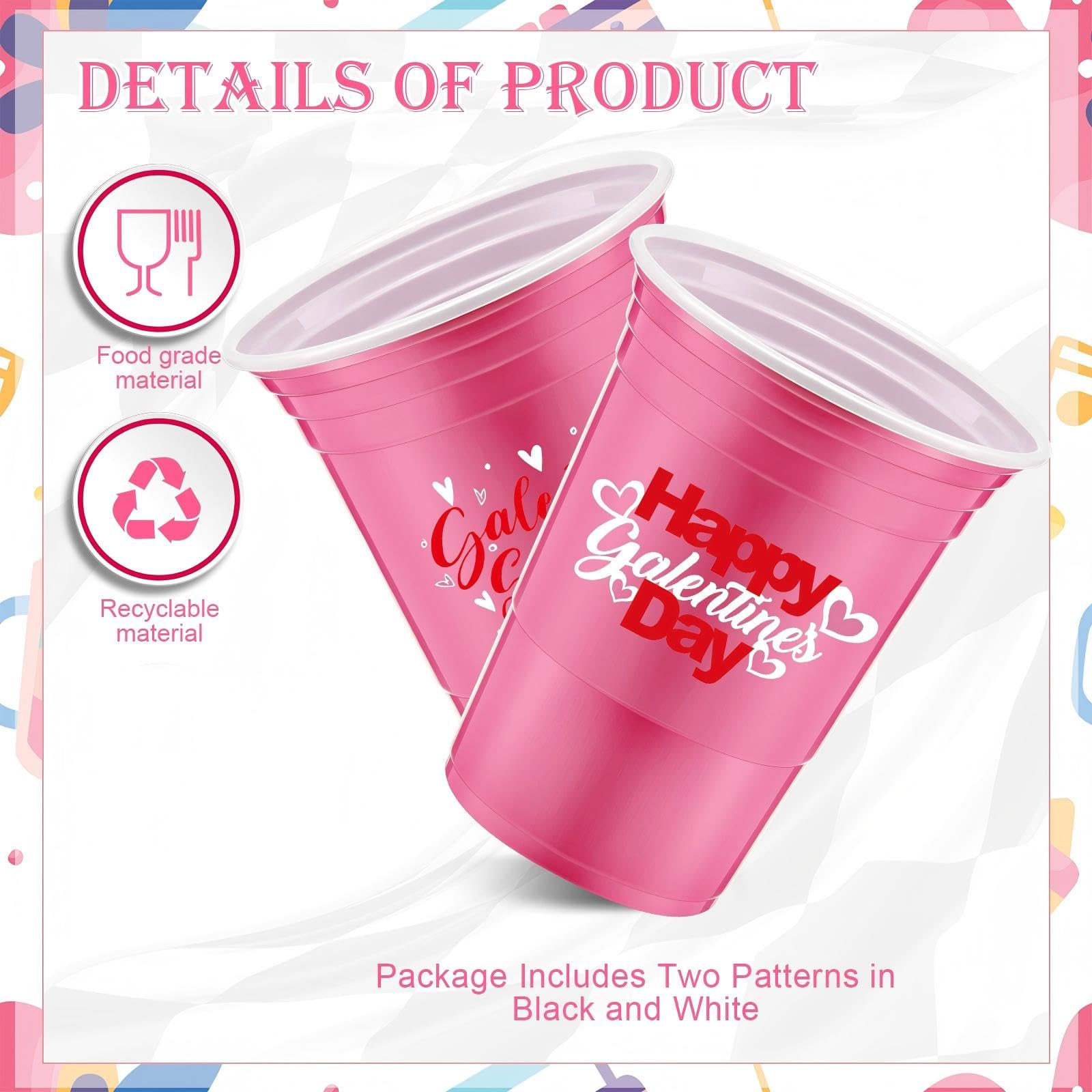 Hushee 48 Pcs 16 oz Galentine's Day Pink Plastic Cups Bulk – Reusable Disposable Party Supplies for Women
