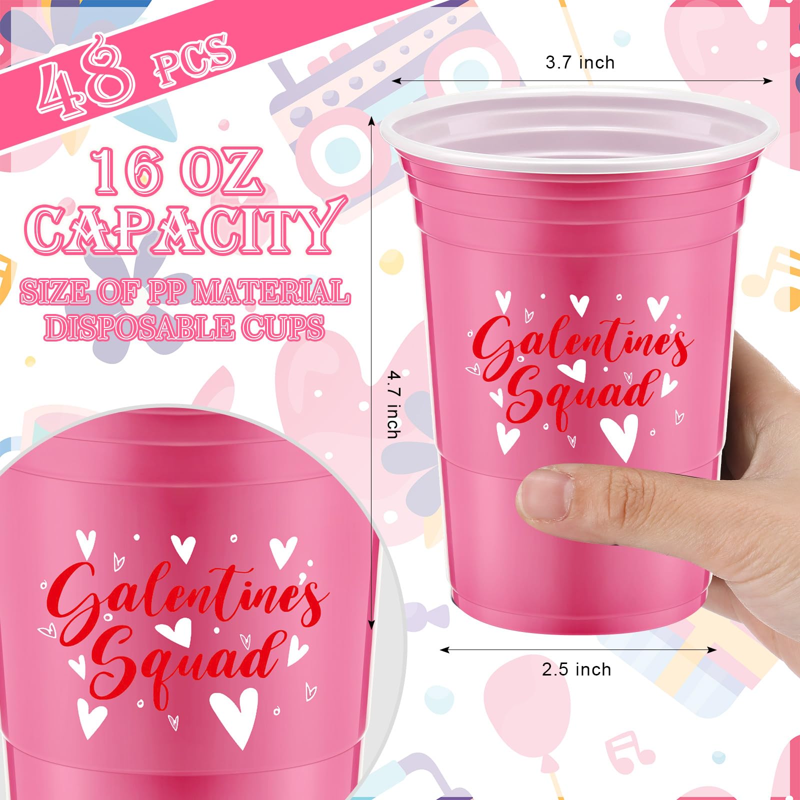 Hushee 48 Pcs 16 oz Galentine's Day Pink Plastic Cups Bulk – Reusable Disposable Party Supplies for Women
