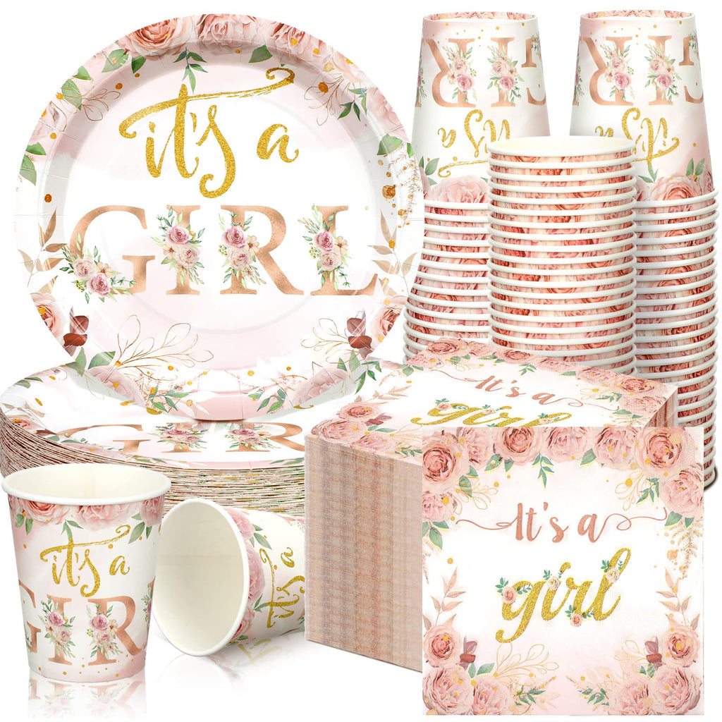 Hushee 200 Pcs Floral Baby Shower Tableware Set – Rose Gold Plates, Cups & Napkins for 50 Guests