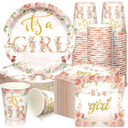 Hushee 200 Pcs Floral Baby Shower Tableware Set – Rose Gold Plates, Cups & Napkins for 50 Guests