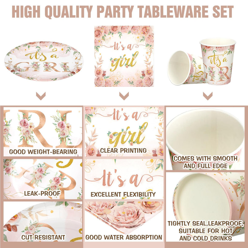 Hushee 200 Pcs Floral Baby Shower Tableware Set – Rose Gold Plates, Cups & Napkins for 50 Guests