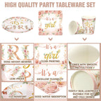 Hushee 200 Pcs Floral Baby Shower Tableware Set – Rose Gold Plates, Cups & Napkins for 50 Guests