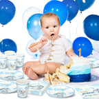 Hushee 200 Pcs Blue Elephant Baby Shower Tableware Set – Plates, Cups & Napkins
