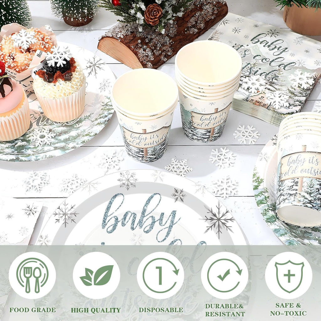 Hushee 200 Pcs Winter Baby Shower Tableware Set - Plates Cups Napkins for 50 Guests