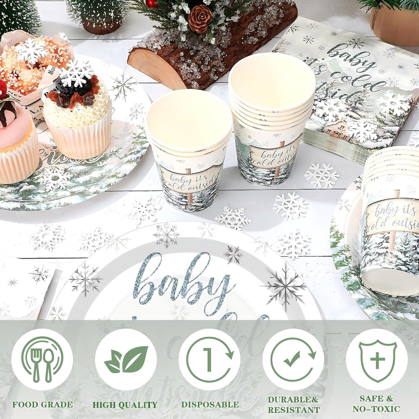 Hushee 200 Pcs Winter Baby Shower Tableware Set - Plates Cups Napkins for 50 Guests