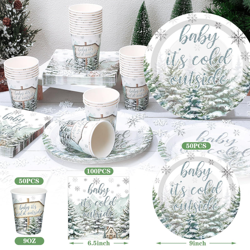 Hushee 200 Pcs Winter Baby Shower Tableware Set - Plates Cups Napkins for 50 Guests