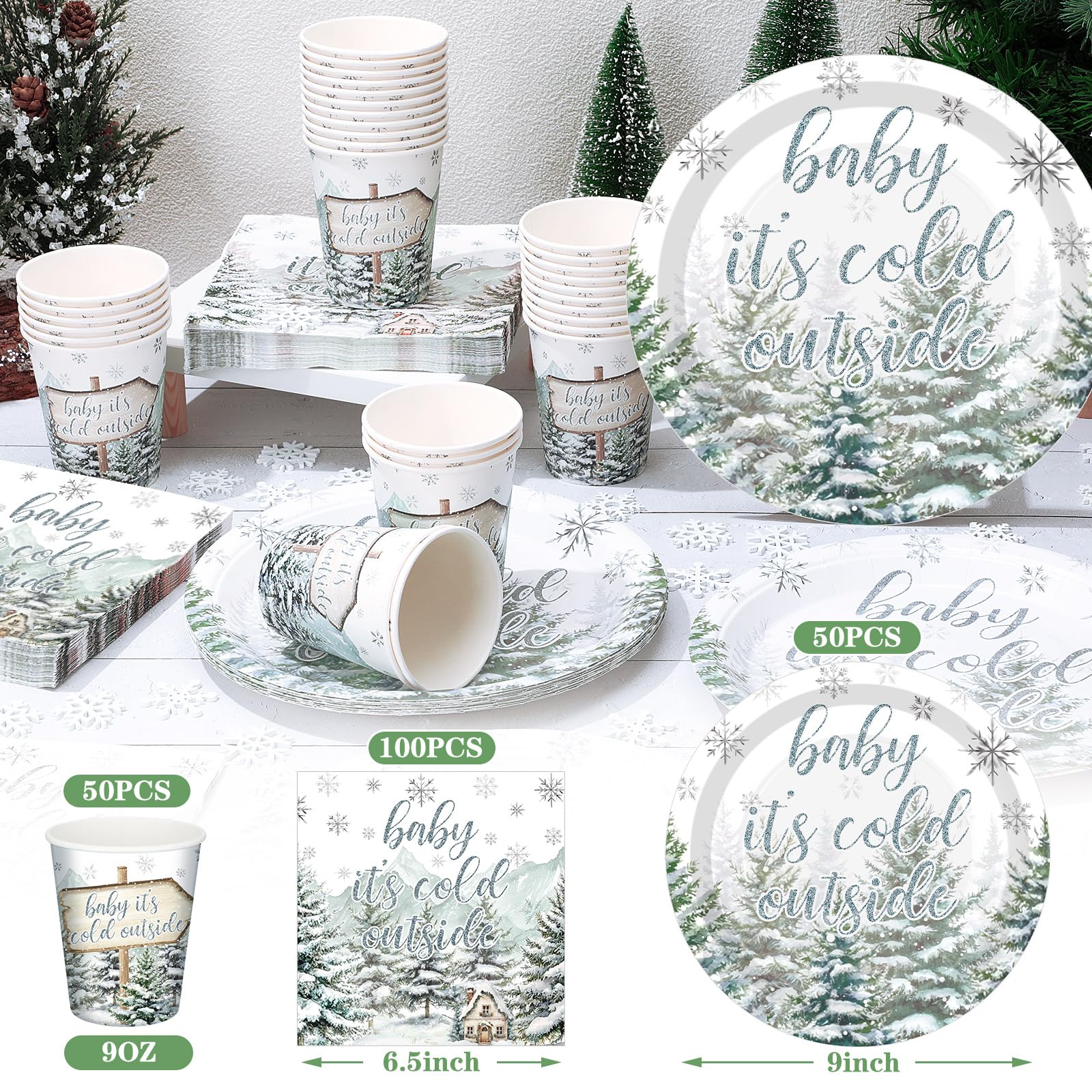 Hushee 200 Pcs Winter Baby Shower Tableware Set - Plates Cups Napkins for 50 Guests