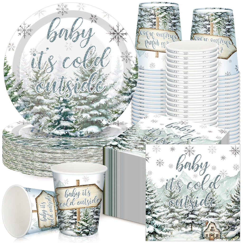 Hushee 200 Pcs Winter Baby Shower Tableware Set - Plates Cups Napkins for 50 Guests