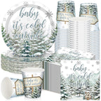 Hushee 200 Pcs Winter Baby Shower Tableware Set - Plates Cups Napkins for 50 Guests