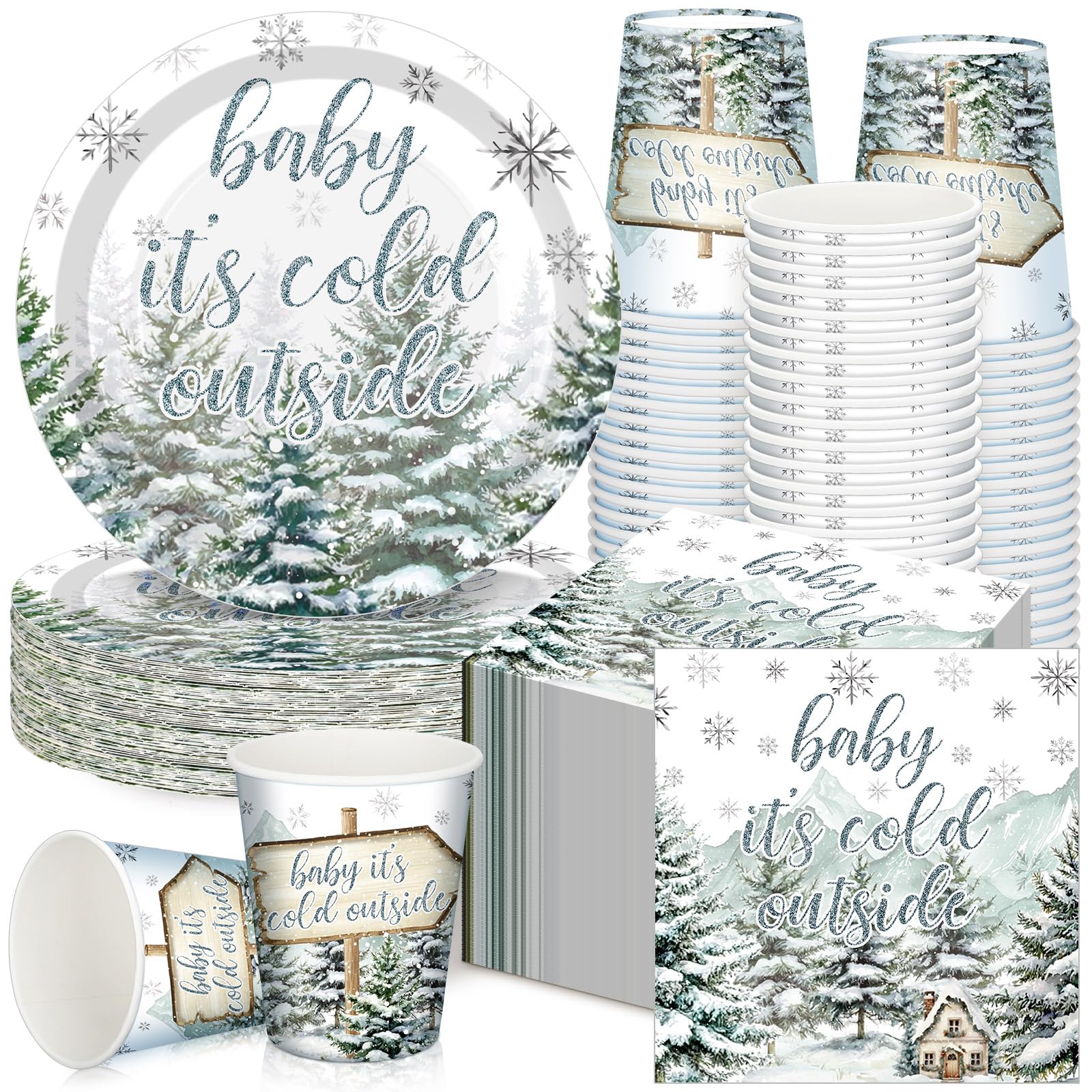 Hushee 200 Pcs Winter Baby Shower Tableware Set - Plates Cups Napkins for 50 Guests