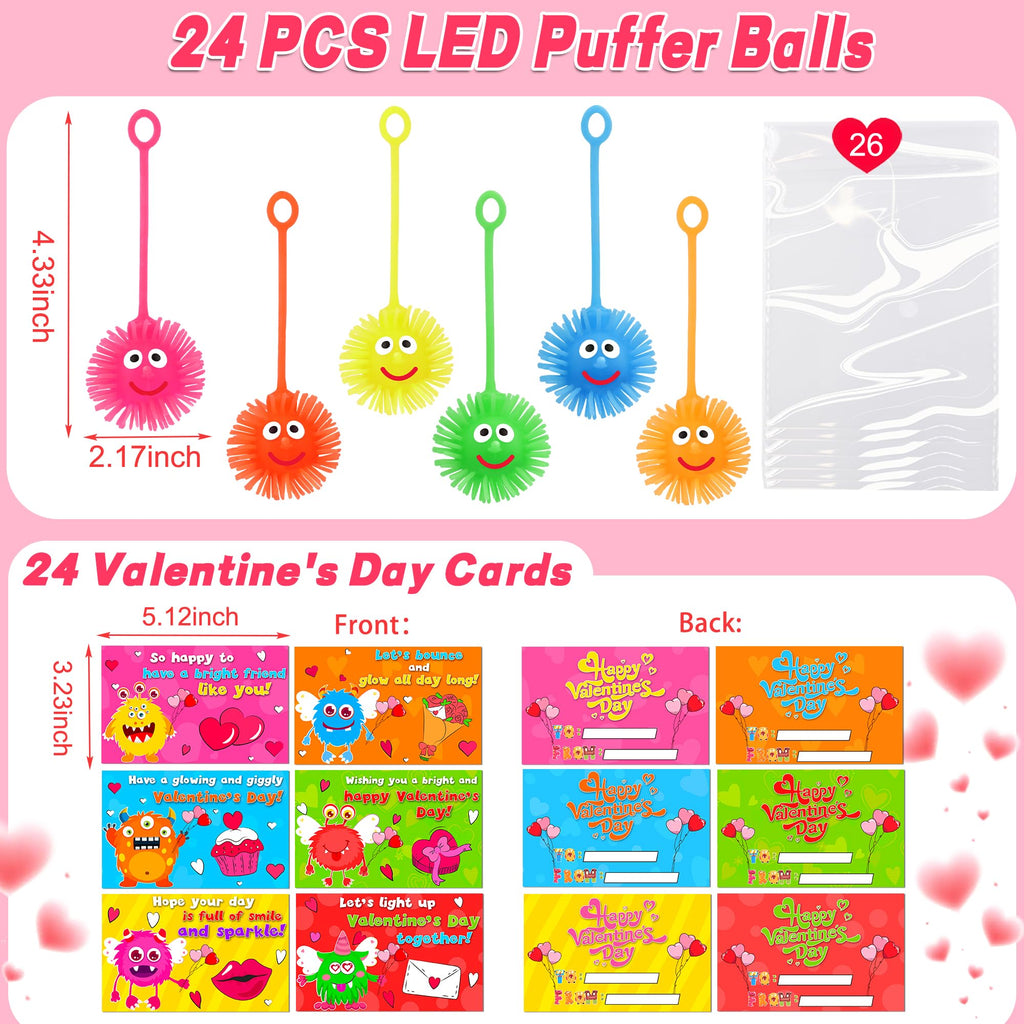 Huyamap 24-Pack LED Puffer Balls with Valentine Cards – Classroom Gifts & Party Favors