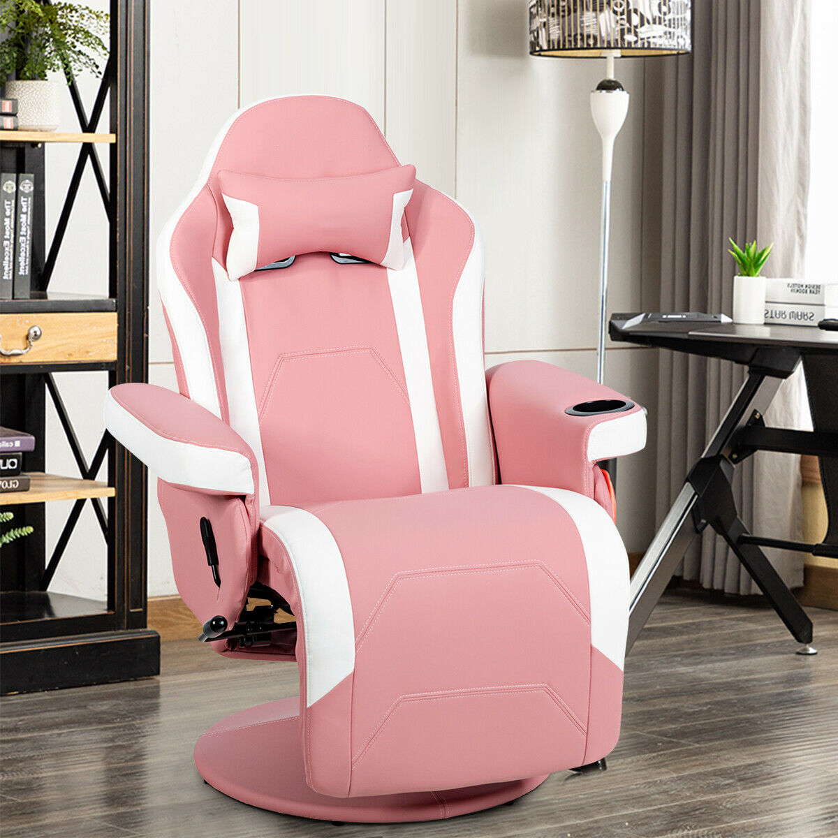 Electric Massage Gaming Chair with Cup Holder and Side Pouch-Black