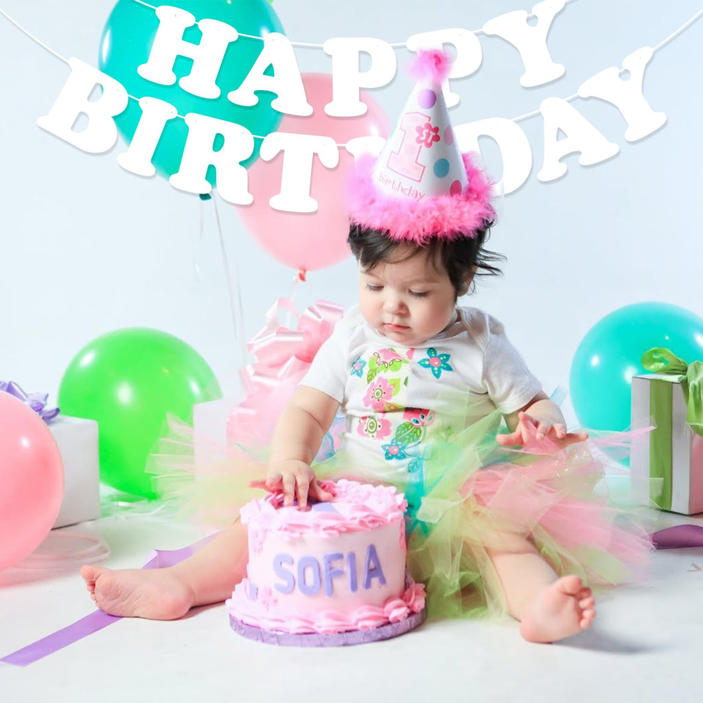 Hxezoc White Happy Birthday Banner Sign – 13-Flag Party Garland for Kids