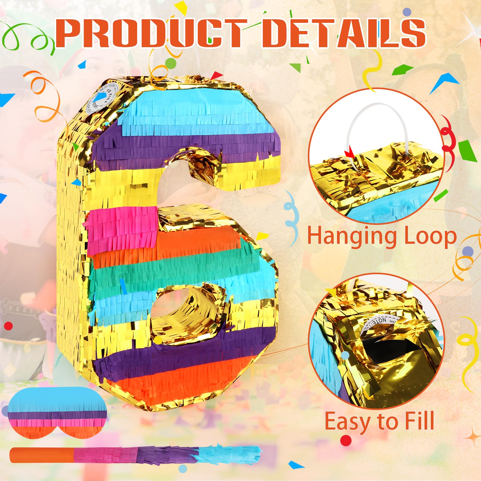 Hxezoc Rainbow Number 6 Pinata with Blindfold & Bat — 16.1 x 10.6 x 3.2 in for 6th Birthday Parties
