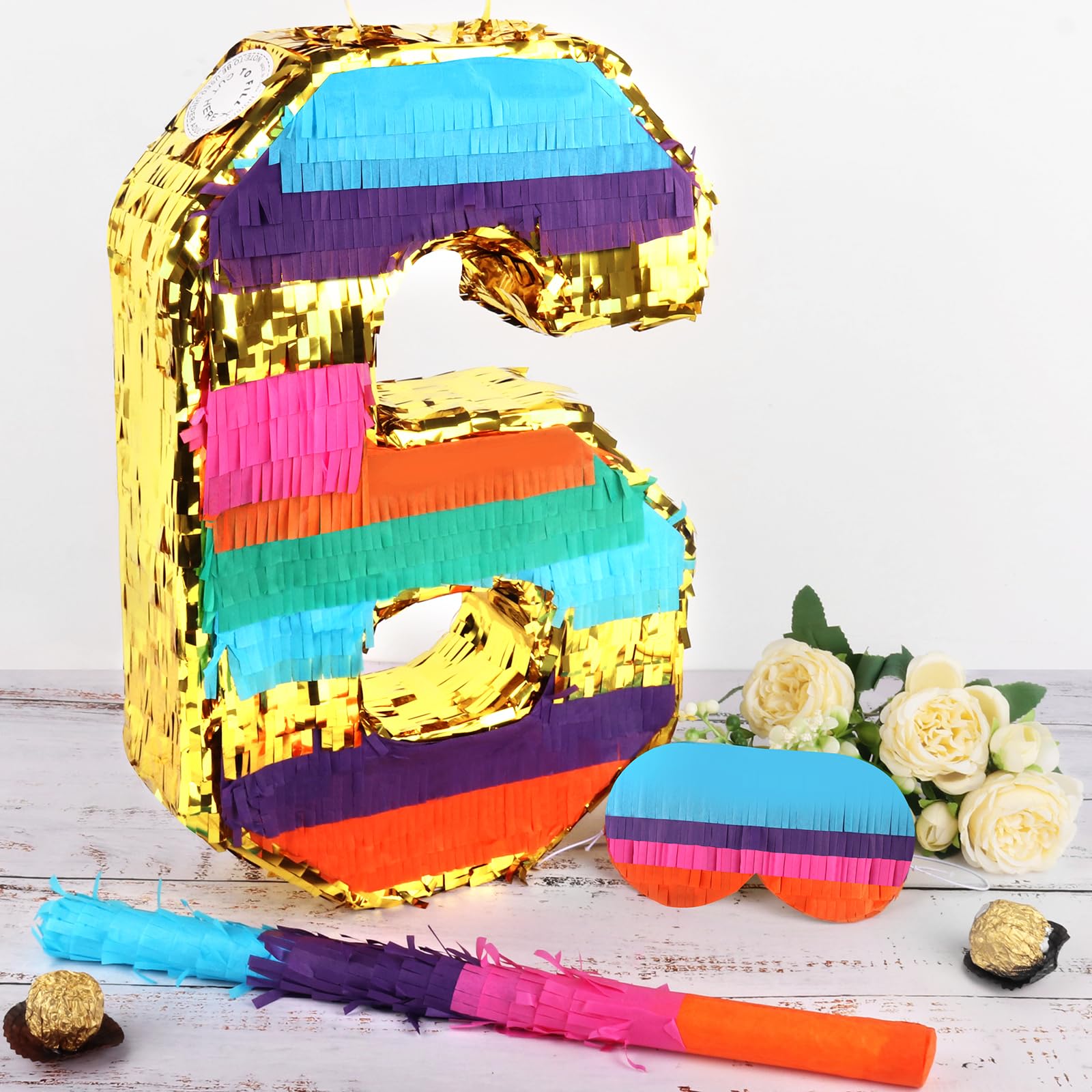 Hxezoc Rainbow Number 6 Pinata with Blindfold & Bat — 16.1 x 10.6 x 3.2 in for 6th Birthday Parties