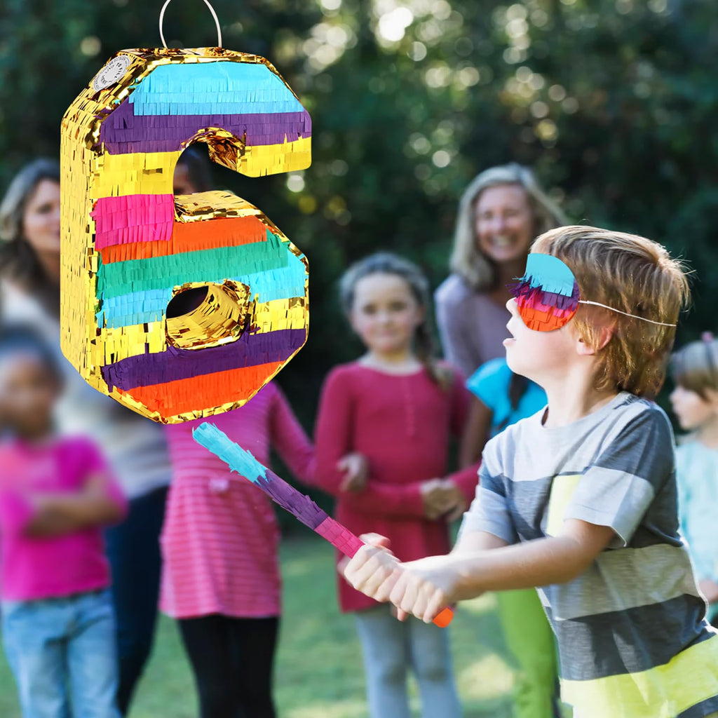 Hxezoc Rainbow Number 6 Pinata with Blindfold & Bat — 16.1 x 10.6 x 3.2 in for 6th Birthday Parties