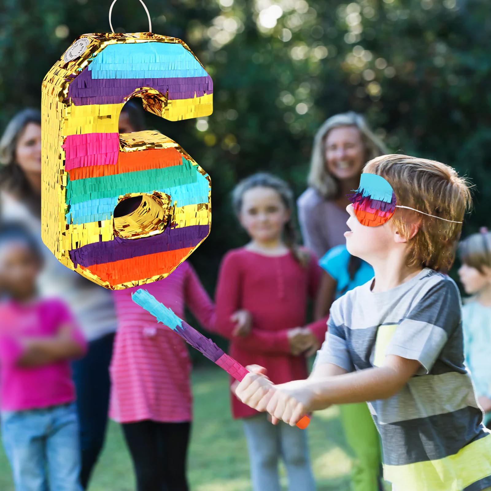 Hxezoc Rainbow Number 6 Pinata with Blindfold & Bat — 16.1 x 10.6 x 3.2 in for 6th Birthday Parties