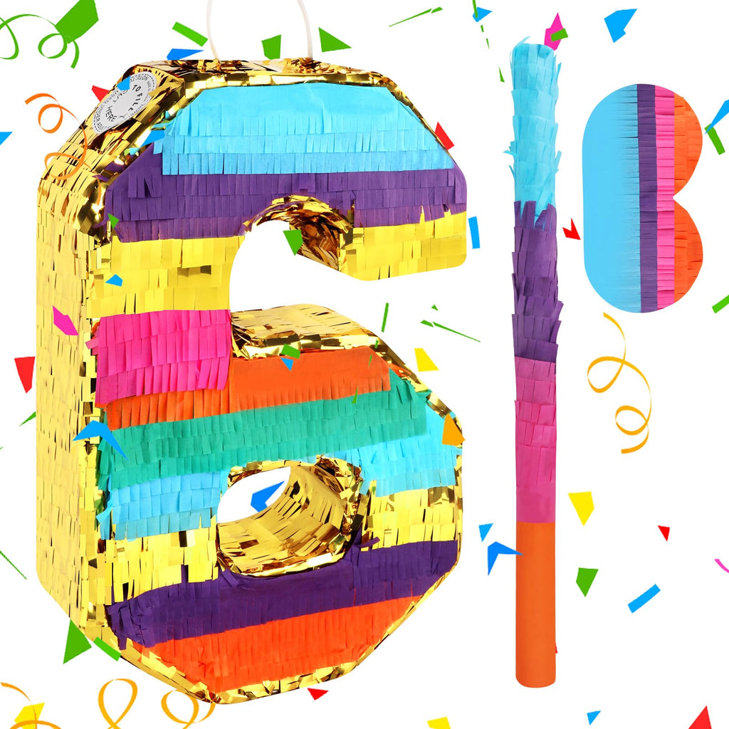 Hxezoc Rainbow Number 6 Pinata with Blindfold & Bat — 16.1 x 10.6 x 3.2 in for 6th Birthday Parties
